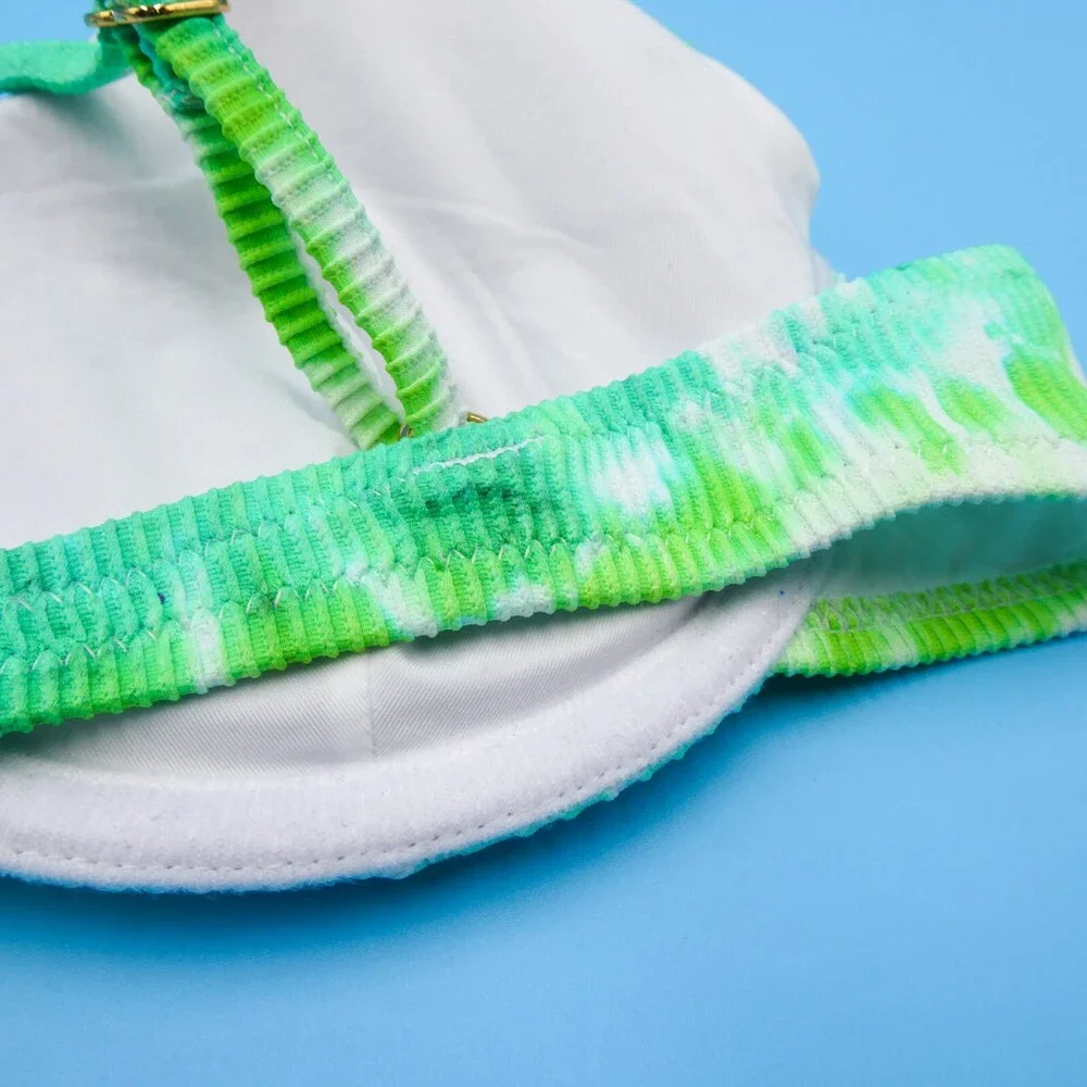 Victorias Secret Green Tie Dye Ribbed Large Underwired‎ Padded Bikini Top VS New